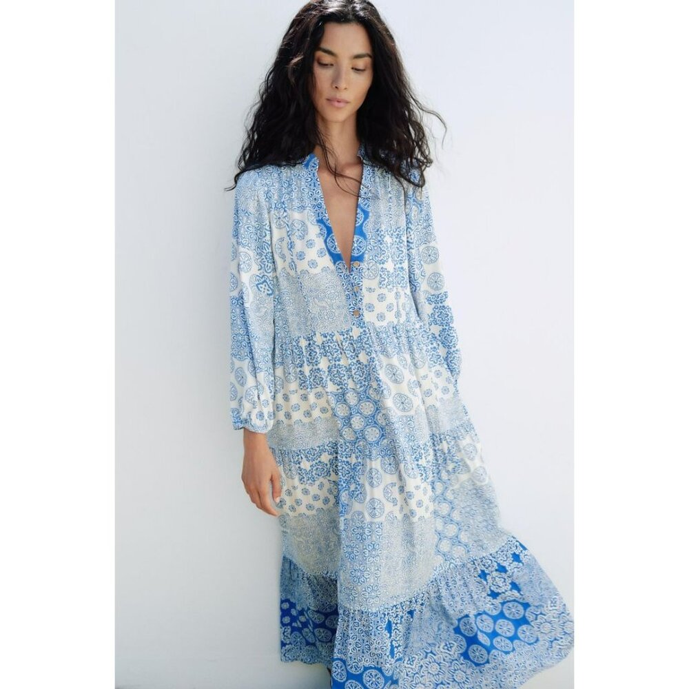 Zara Womens Blue & White Long-Sleeve Boho Maxi Dress Size S
